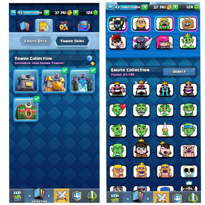 (Android/iOS) KT 14 - lvl 43 - Cards108/120- Max Card 20 _lvl 13 card 4 /Emote 87 / skin tower 4