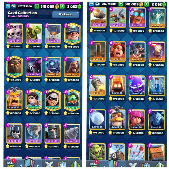 (Android/iOS) KT 14 - lvl 52 - Cards109/120 - Max Card 45 _lvl 13 card 4 /Emote 100 / skin tower  2