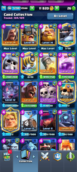 (Clash royal) KT12 - lvl36 - Cards104/120 - Max Card 4 _lvl 13 card 5 /Emote 23 / skin tower 3