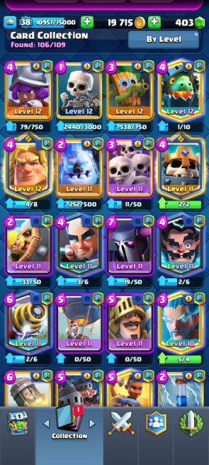 (Clash royal) KT 13 -lvl 38 -Cards 106/120 - Max Card 5 / Lvl 13 Card 1/ Emote 28 / Tower skin 2