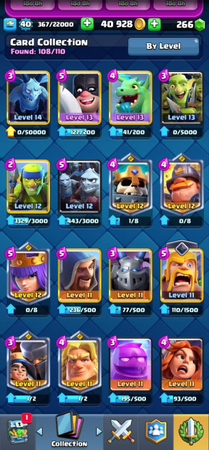 (Android/iOS) KT 13 - lvl 40 - Cards108/120 - Max Card 8 _lvl 13 card 4 /Emote 18 / skin tower&nbsp;2