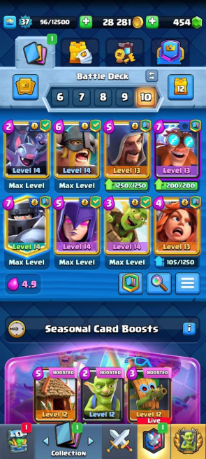 (Clash royal)  KT 12 -lvl 37  -Cards 104/120 -  Max Card 5 / Lvl 13 Card 4 / Emote 26 / Tower skin 0