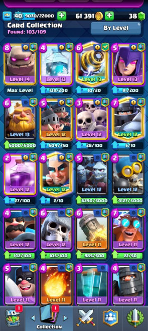 (Clash royal) KT13 - lvl40 - Cards103/120 - Max Card 7 _lvl 13 card 5 /Emote 2 / skin tower 3