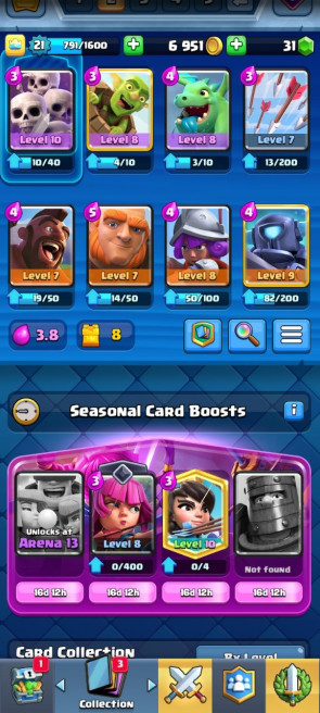 Android/iOS) KT 9 - lvl 21 - Cards52/120 - Max Card 0 _lvl 11 card 4 /Emote 9 / skin tower 2