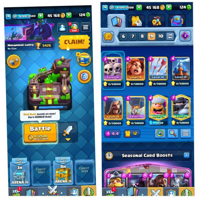 (Android/iOS) KT 12 - lvl 37 - Cards103/120 - Max Card 7 _lvl 13 card 2 /Emote 27 / skin tower 1