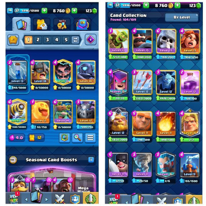 (Android/iOS) KT 12 - lvl 37 - Cards104/120 - Max Card 5 _lvl 13 card 6 /Emote 31 / skin tower 2