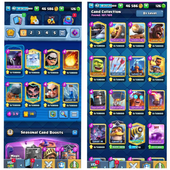 (Android/iOS) KT 14 - lvl 42 - Cards107/120 - Max Card 21  _lvl 12 card 6 /Emote 78 / skin tower 7