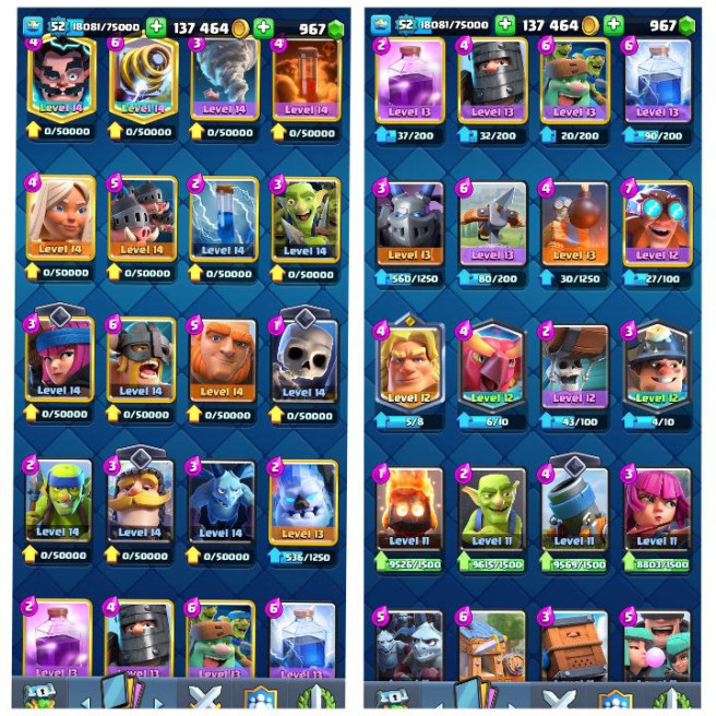 (Android/iOS) KT 14 - lvl 52 - Cards109/120 - Max Card 40 _lvl 13 card 8 /Emote 57 / skin tower 4