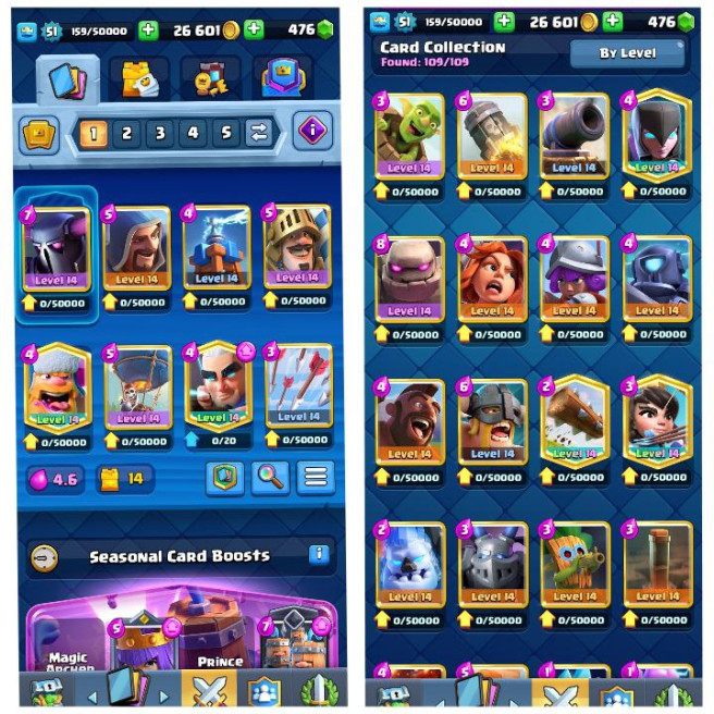 (Android/iOS) KT 14 - lvl 51 - Cards109/120 - Max Card 37 _lvl 13 card 14 /Emote 70 / skin tower  4