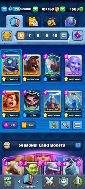 (Android/iOS) KT14 - lvl45 - Cards109/120 - Max Card 28&nbsp; _lvl 13 card 4 /Emote 65 / skin tower 4