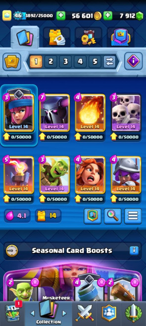 (Android/iOS) KT14 - lvl46 - Cards109/120 - Max Card 28 _lvl 13 card 6 /Emote 23 / skin tower 5