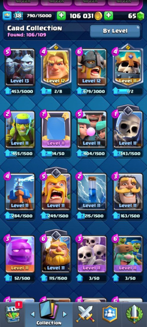 (Android/iOS) KT12 - lvl38 - Cards106/120 - Max Card 4 _lvl 13 card 4 /Emote 18 / skin tower 2