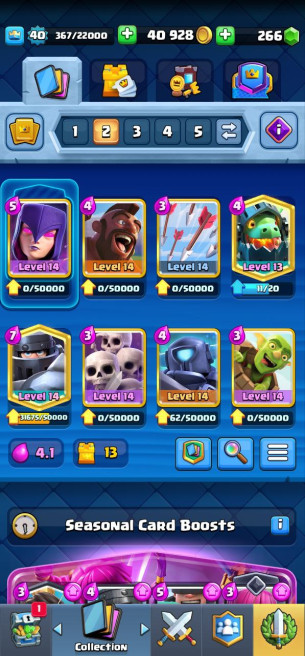(Android/iOS) KT 13 - lvl 40 - Cards108/120 - Max Card 8 _lvl 13 card 4 /Emote 18 / skin tower&nbsp;2