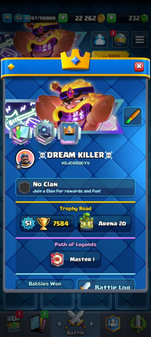 Clash royal KT14 - lvl 51 - Cards109/120- Max Card 36 _lvl 13 card 8 /Emote 103 / skin tower 3 +clash of clanz Th 12