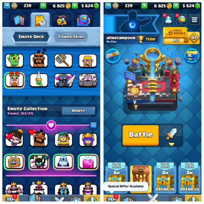 Clash royal KT14 - lvl 50 - Cards109/120 - Max Card 68 _lvl 13 card 2 /Emote 103 / skin tower 12