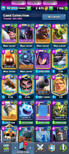 (Android/iOS)  KT 13 -lvl 40  -Cards 107/120 -  Max Card 9 / Lvl 13 Card 7 / Emote 64/ tower skin 4