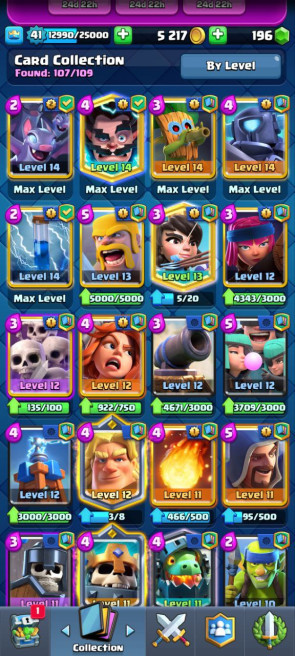 (Android/iOS)  KT 13 -lvl 41  -Cards 107/120 -  Max Card 13 / Lvl 13 Card 2 / Emote 32 / Tower skin 4