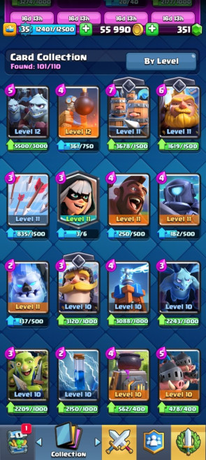 (Android/iOS) KT 11 - lvl 35 - Cards101/120- Max Card 0 _lvl 12 card 8 /Emote 13 / skin tower 2