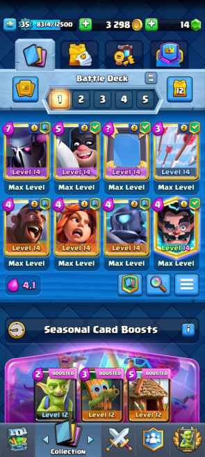 (Clash roya)l KT12 - lvl35 - Cards105/120 - Max Card 8 _lvl 13 card 2 /Emote 32 / skin tower 2