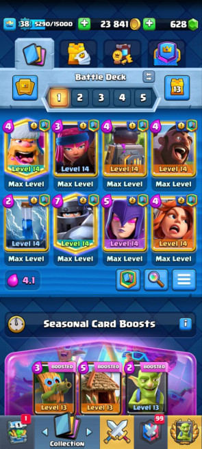 (Clash roya)l KT13 - lvl38 - Cards104/120 - Max Card 10 _lvl 12 card 6 /Emote 20 / skin tower 2
