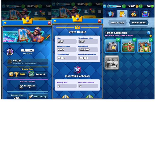 (Android/iOS) KT14- lvl47- Cards109/120 - Max Card 30 _lvl 13 card 4 /Emote 64 skin tower 3