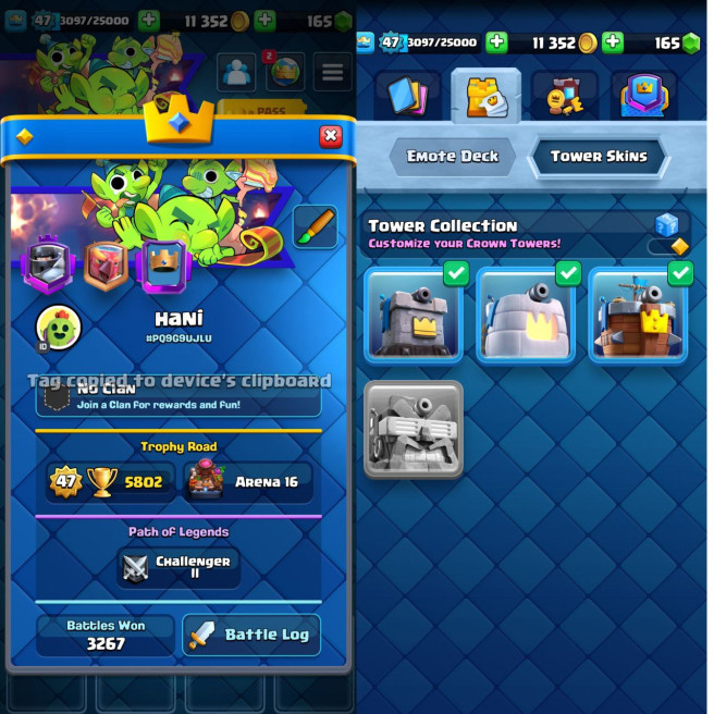 (Android/iOS) KT14- lvl47- Cards108/120 - Max Card 12 _lvl 13 card 7 /Emote 22 / skin tower 3