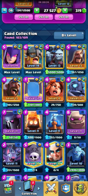 (Clash roya)l KT12 - lvl36 - Cards103/120 - Max Card 3 _lvl 13 card 3 /Emote 14 / skin tower 2