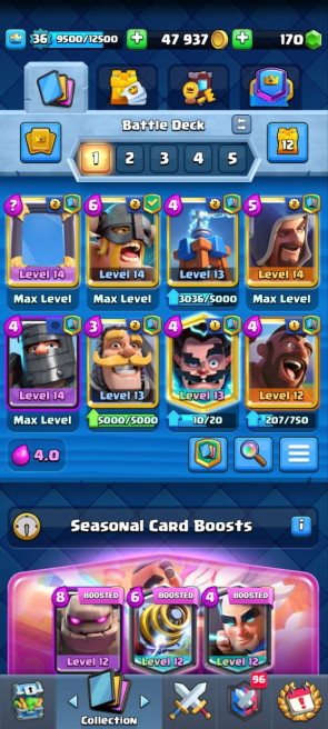 (Clash roya)l KT12 - lvl36 - Cards106/120 - Max Card 4 _lvl 13 card 4 /Emote w9 / skin tower 3