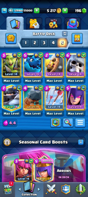 (Android/iOS)  KT 13 -lvl 41  -Cards 107/120 -  Max Card 13 / Lvl 13 Card 2 / Emote 32 / Tower skin 4