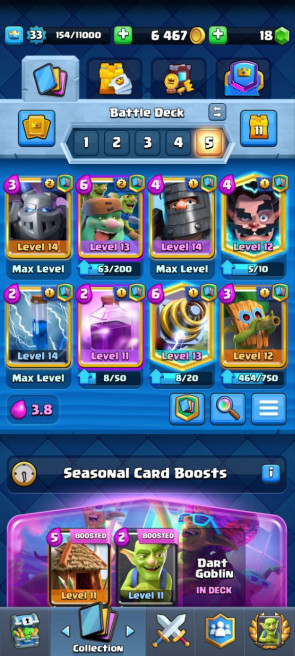(Clash roya)l KT11 - lvl33 - Cards103/120 - Max Card 3 _lvl 13 card 2 /Emote 23 / skin tower 2