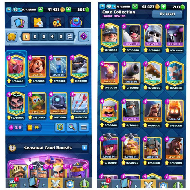 (Android/iOS) KT 14 - lvl 45 - Cards109/120 - Max Card 25  _lvl 13 card 1 /Emote 70 / skin tower 5