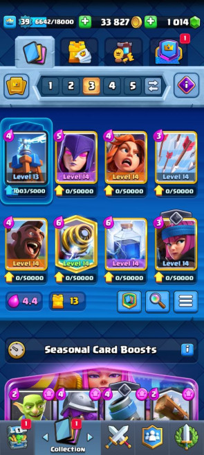 (Android/iOS) KT13 - lvl39 - Cards106/120- Max Card 10&nbsp; _lvl 13 card 4 /Emote 22 / skin tower 2 +clash of clans Th12