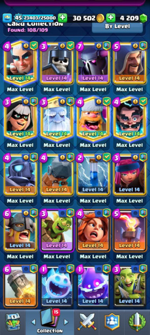 (Android/iOS) KT14- lvl45- Cards108/120 - Max Card 28 _lvl 13 card 3 /Emote 6 / skin tower 4