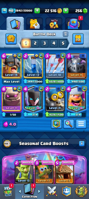 (Clash roya)l KT13- lvl40 - Cards110/120 - Max Card 8 _lvl 13 card 2 /Emote 43 / skin tower 2