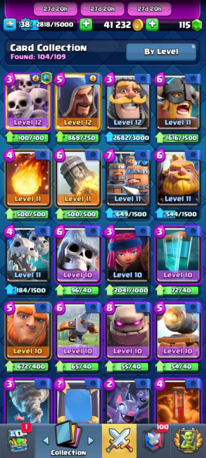 (Clash roya)l KT13 - lvl38 - Cards104/120 - Max Card 3 _lvl 13 card 7 /Emote 29 / skin tower 3