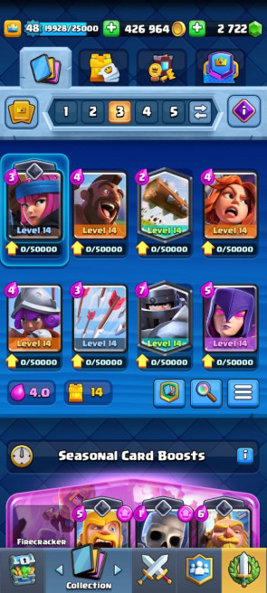 (And2oid/iOS) KT14 - lvl 48 - Cards109/120 - Max Card 24 _lvl 13 card 9 /Emote 32/ skin tower 2
