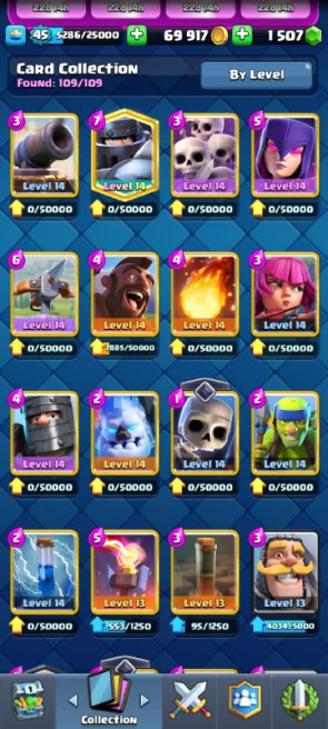 (Android/iOS) KT14 - lvl 45 - Cards106/120 - Max Card 21 _lvl 13 card 5 /Emote 6 / skin tower 5 +clash of clans Th 14
