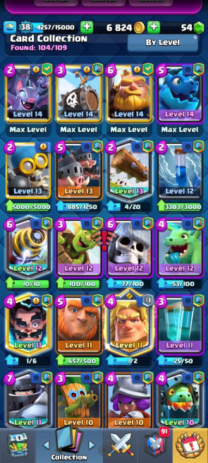 (Android/iOS) KT13 - lvl38 - Cards104/109 - Max Card 8  _lvl 13 card 3 /Emote 41 / skin tower 2