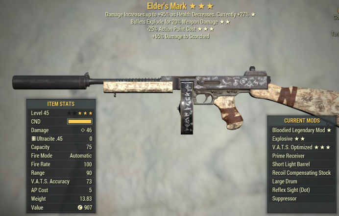Bloodied Elder's Mark (Explosive/25% less VATS AP cost)