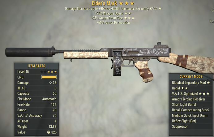  Bloodied Elder's Mark (25% faster fire rate/25% less VATS AP cost)