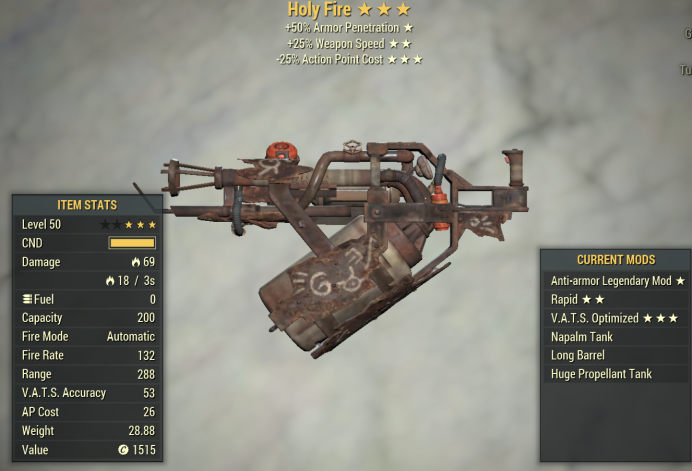 Anti-Armor Holy Fire Flamer (25% faster fire rate/25% less VATS AP cost)