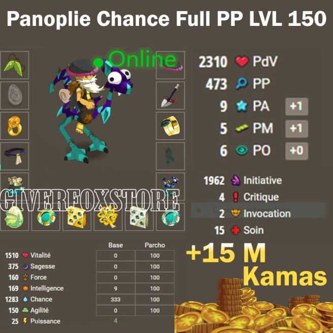 Imagiro>[Panoplie Chance Full PP LVL 150] + [ 15.000.000 Kamas ] +BONUS (Best Deal)