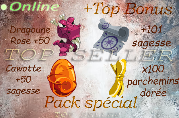 Fallanster : Dragoune rose +55 sagesse + Dofus cawotte 50 sagesse + Parchotage +101 sagesse + x100 parchemins dorée - Delivery 5 minutes