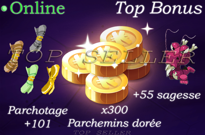 Allisteria : Parchotage +101 ( sagesse - force - agilite ) + x300 Parchemins doree + dragoune rose 55 sagesse + 10M kamas - livraison 5 minutes 
