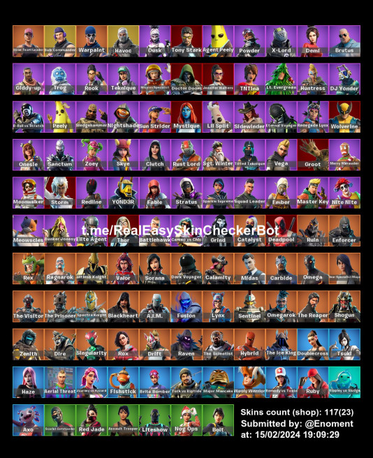117 skins .Full Access.The Reaper . Elite Agent . Take The L . Omega . Midas . 2 OG SKINS . Warpaint . Shogun . Ultima Knight . Raven . Y58 