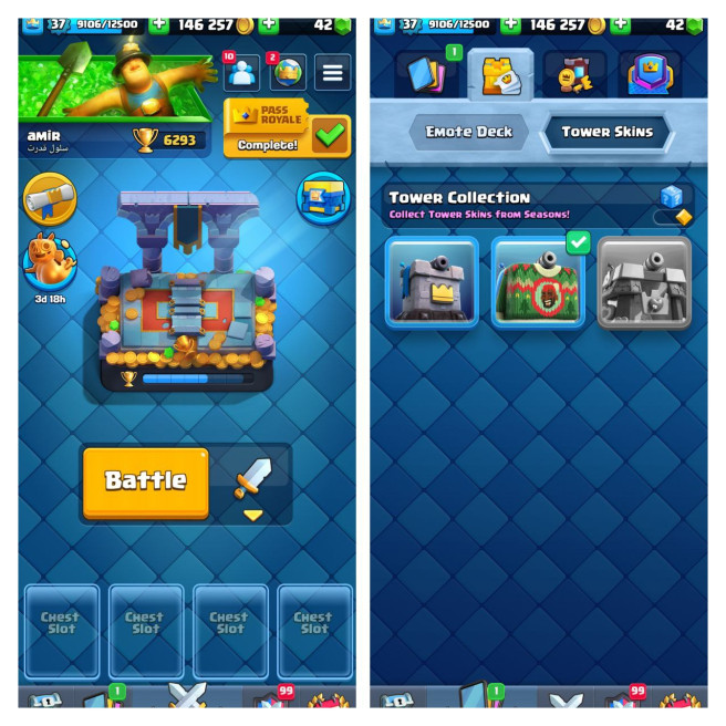(Android/iOS)&nbsp; KT 12 -lvl 37&nbsp; -Cards 106/120 -&nbsp; Max Card 8 / Lvl 13 Card&nbsp; 0/ Emote 51/ Tower skin 2