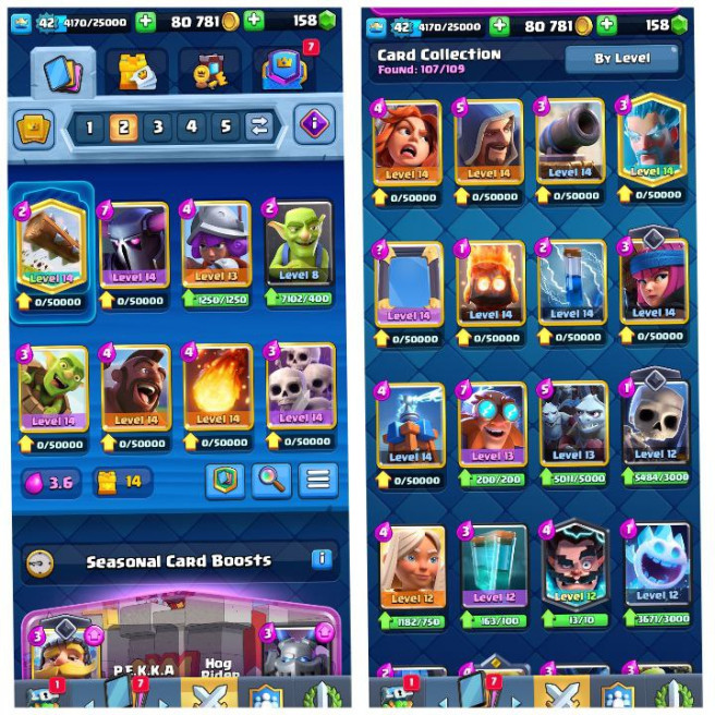 (Android/iOS) KT 14 - lvl 42 - Cards107/109 - Max Card 15 _lvl 13 card 3 /Emote 52 / skin tower 3