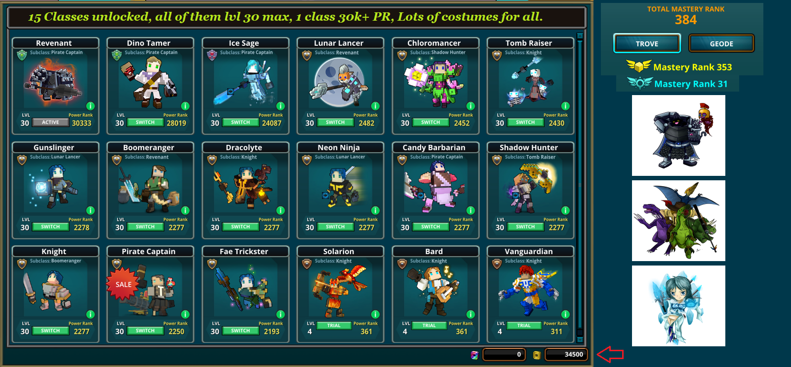 PC Trove Acc, 15 classes unlocked, all of them lvl 30 max, 1 class 30k+ PR,  Lots of Dragons, Mounts, Wings + GANDA & FLUX - iGV