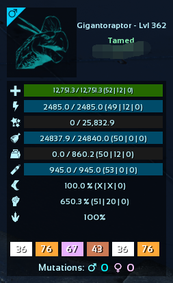 ASA PVE IMPRINTING100% GIGANTORAPTOR LEVEL362 HP12751.3 STAM2485 WEIGHT860.2 DAMAGE650.3% MALE OR FEMALE SADDLE INCLUDING DELIVER TO BASE