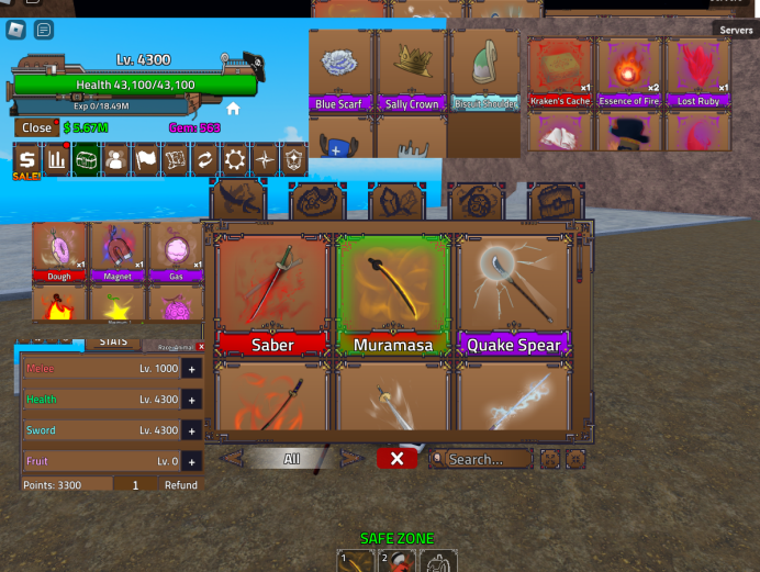 King Legacy / Saber / Muramasa / 563 Gems / Dough in Inventory / Race Animal / UNVERIFIED / FAST DELIVERY